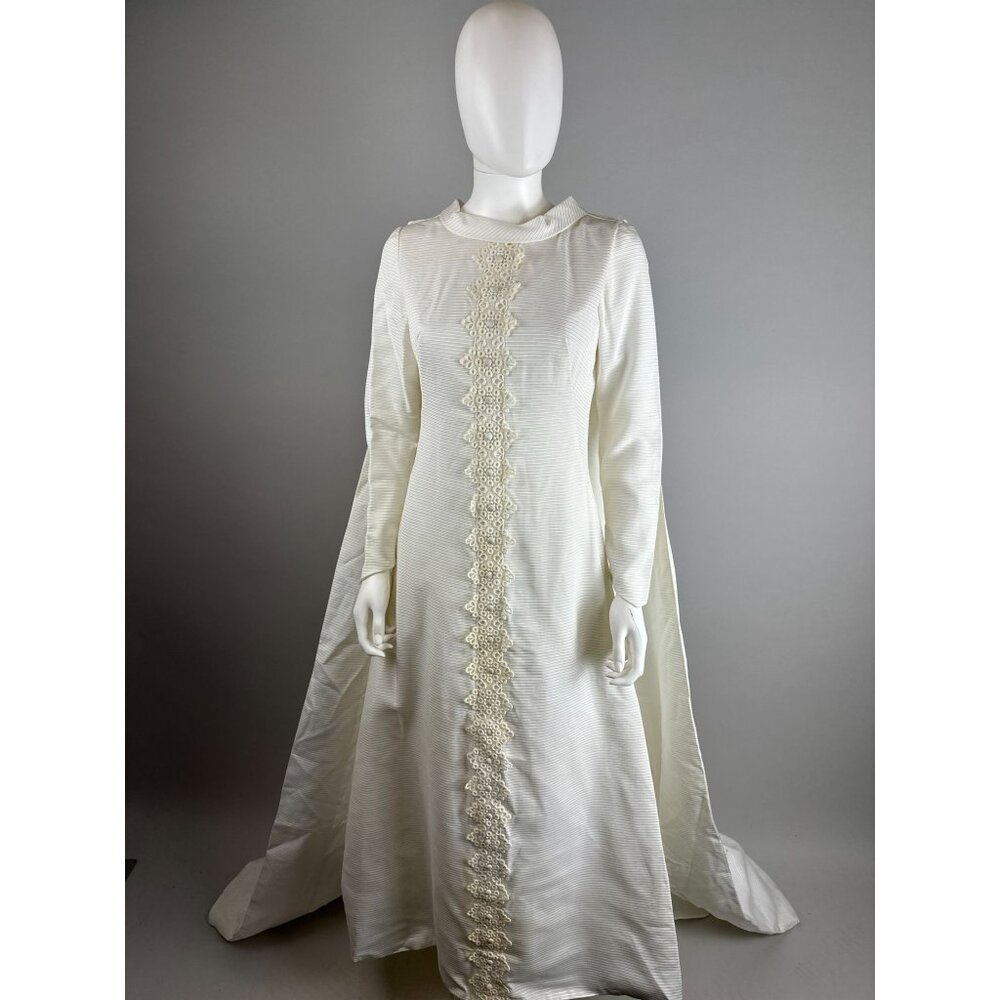Vintage 1960s Wedding Gown Off White High Neck Renaissance Cape Train Mod Small - Picture 2 of 11
